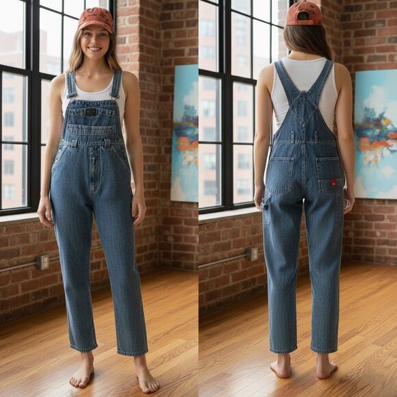 Denim Vintage Mr. Jump Women’s Overall Straight Leg Side Buttons Jeans Jumpsuit - Picture 1 of 9